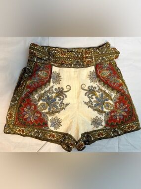 Veronica Beard Paisley High-Waist Shorts  4 NW0T Boho Silk-Linen Belted Luxury